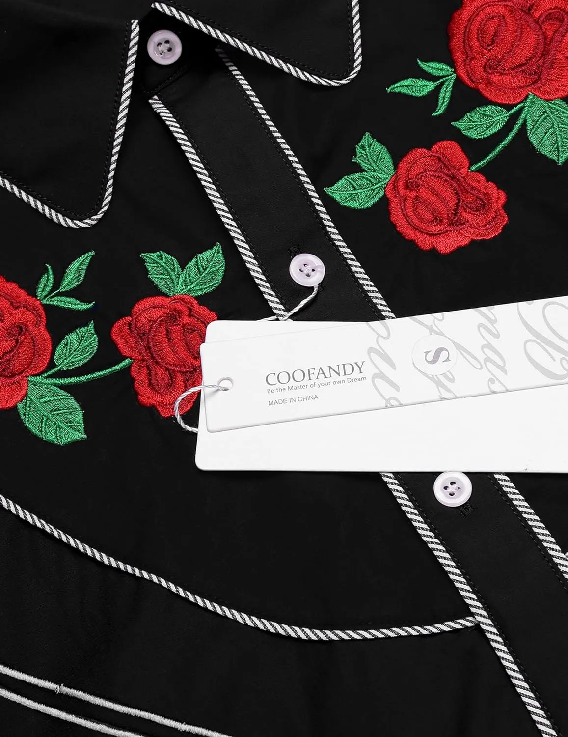 COOFANDY Men's Western Cowboy Shirt Long Sleeve Slim Fit Rose Embroidered Cotton Casual Button Down Shirts