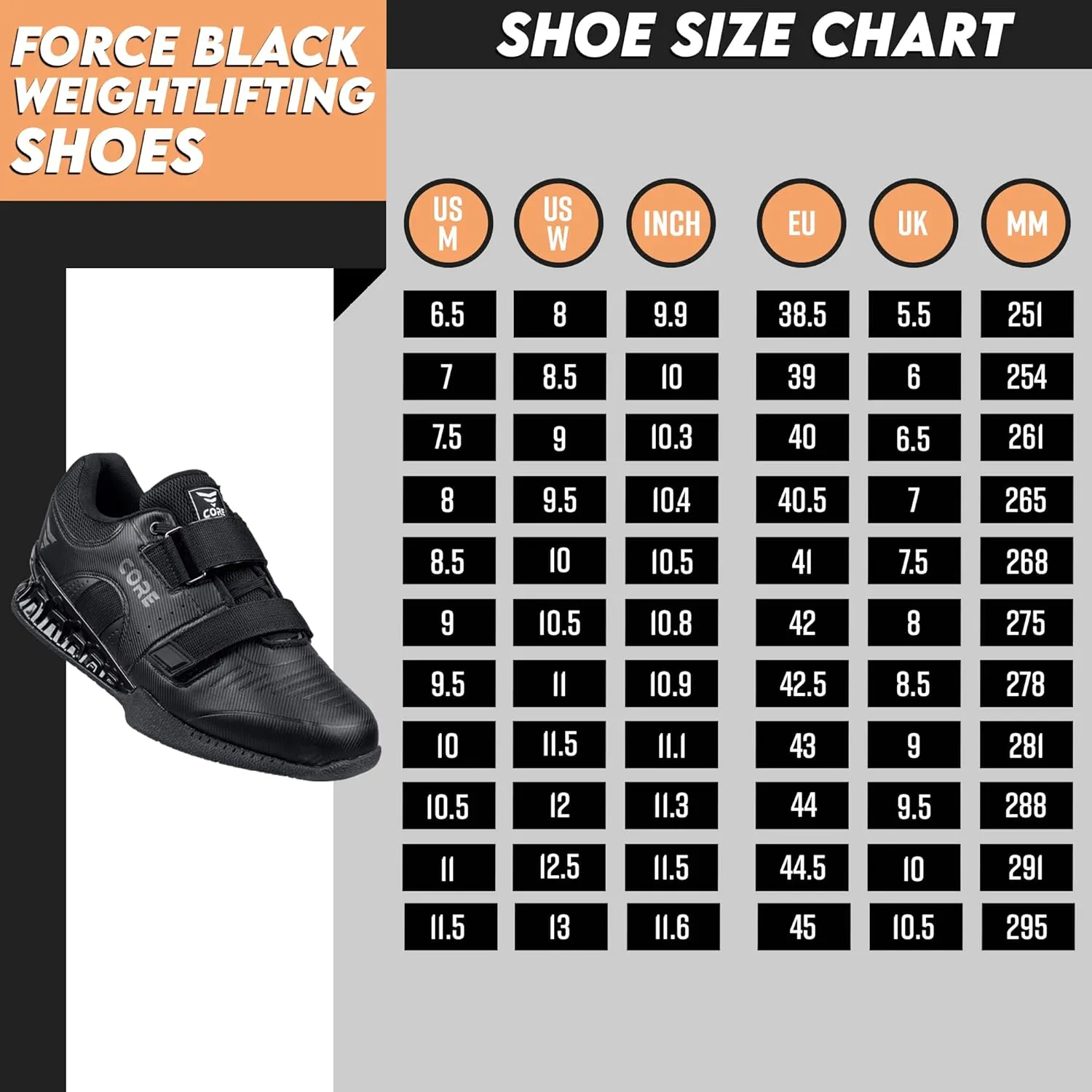 CORE Weightlifting Shoes Force Black - Squat Shoes for Men and Women – Weight Lifting Shoes for Powerlifting, Deadlifting & Crossfit – Non-Slip Olympic Lifting Shoes with Elevated 0.75 Inch Heels