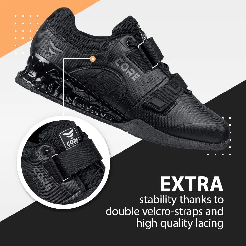 CORE Weightlifting Shoes Force Black - Squat Shoes for Men and Women – Weight Lifting Shoes for Powerlifting, Deadlifting & Crossfit – Non-Slip Olympic Lifting Shoes with Elevated 0.75 Inch Heels