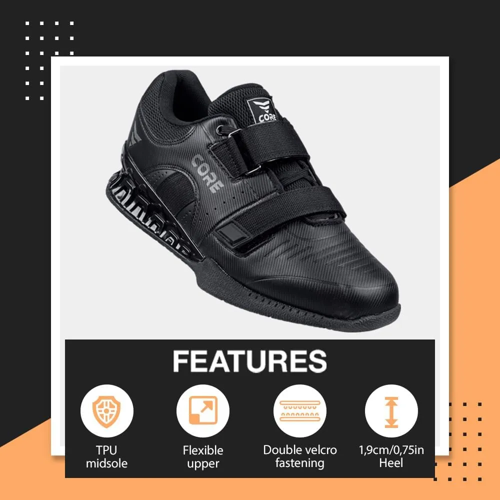 CORE Weightlifting Shoes Force Black - Squat Shoes for Men and Women – Weight Lifting Shoes for Powerlifting, Deadlifting & Crossfit – Non-Slip Olympic Lifting Shoes with Elevated 0.75 Inch Heels