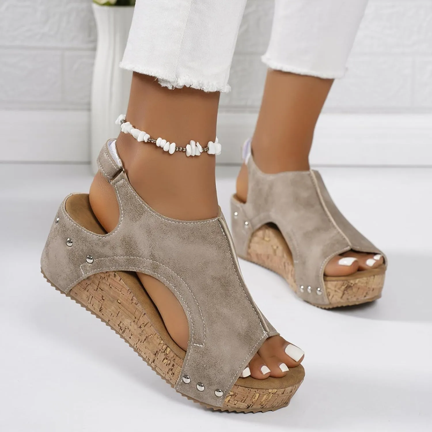 Cork Wedges & Platform Slides, Womens Comfy Wedge Orthopedic Sandals Summer Platform Cork Wedges
