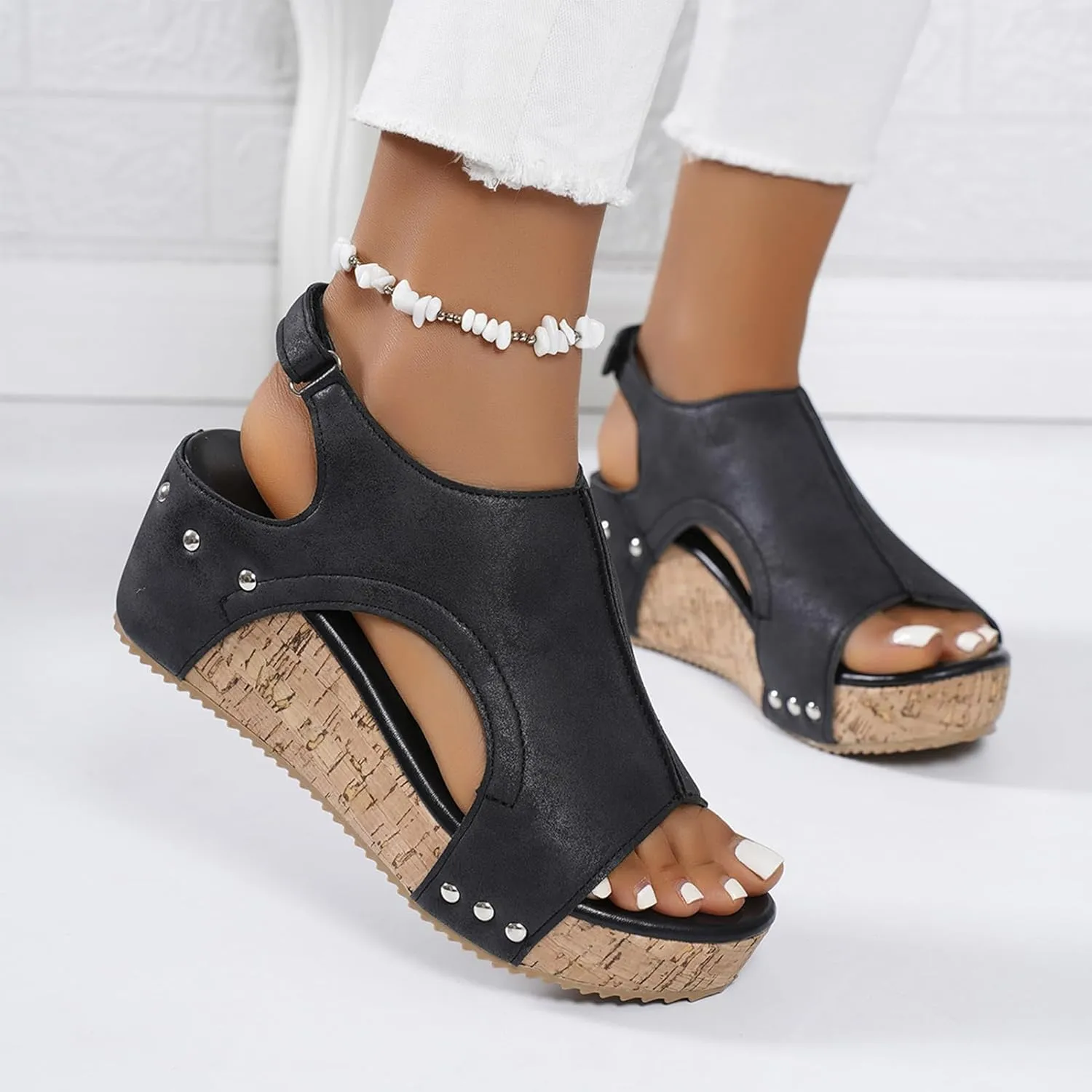 Cork Wedges & Platform Slides, Womens Comfy Wedge Orthopedic Sandals Summer Platform Cork Wedges
