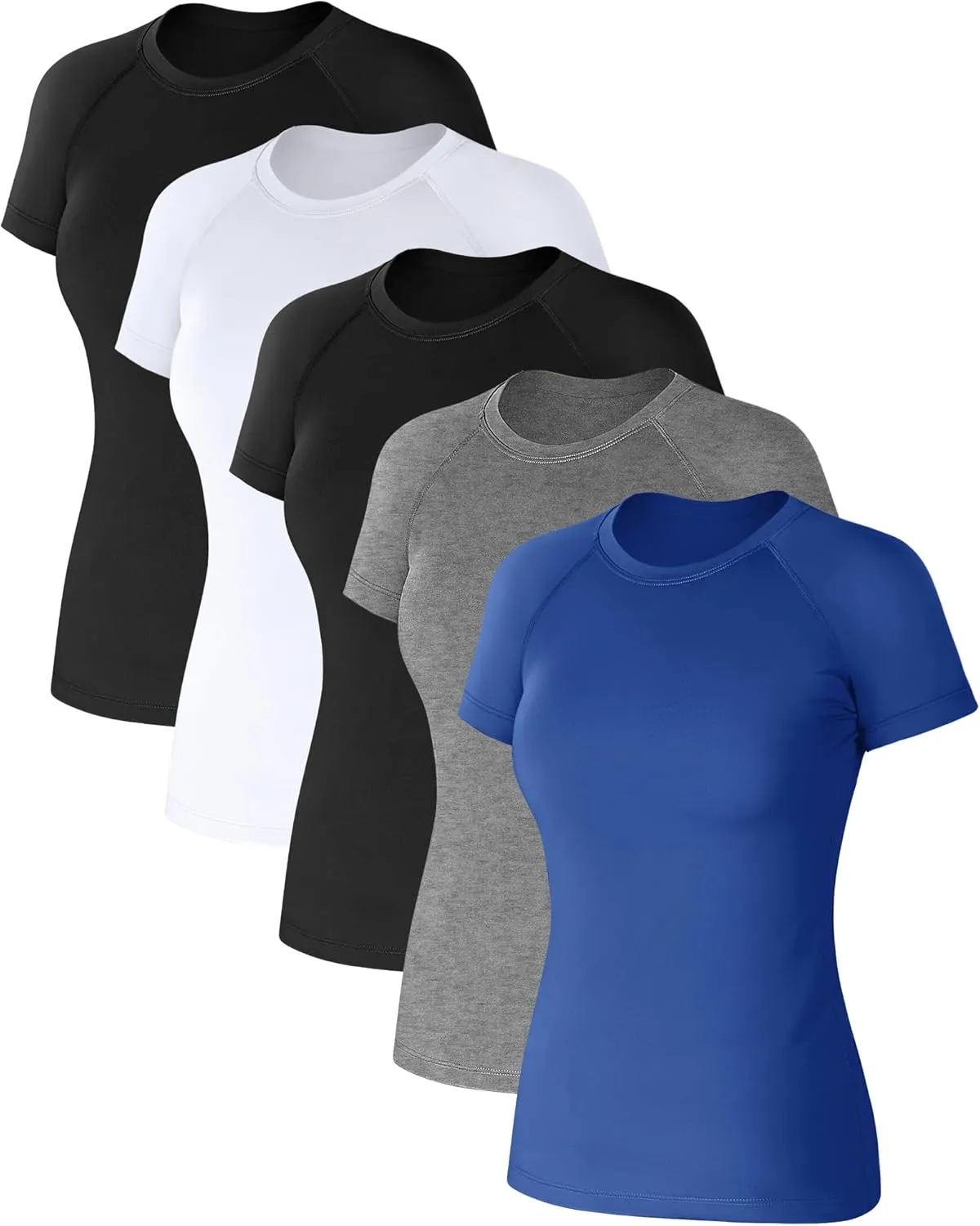 Coume 5 Pack Women's Compression Shirts Short Sleeve Workout Tops Dry Fit Crew Neck Athletic T Shirts Yoga Running Tight Tee