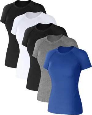 Coume 5 Pack Women's Compression Shirts Short Sleeve Workout Tops Dry Fit Crew Neck Athletic T Shirts Yoga Running Tight Tee