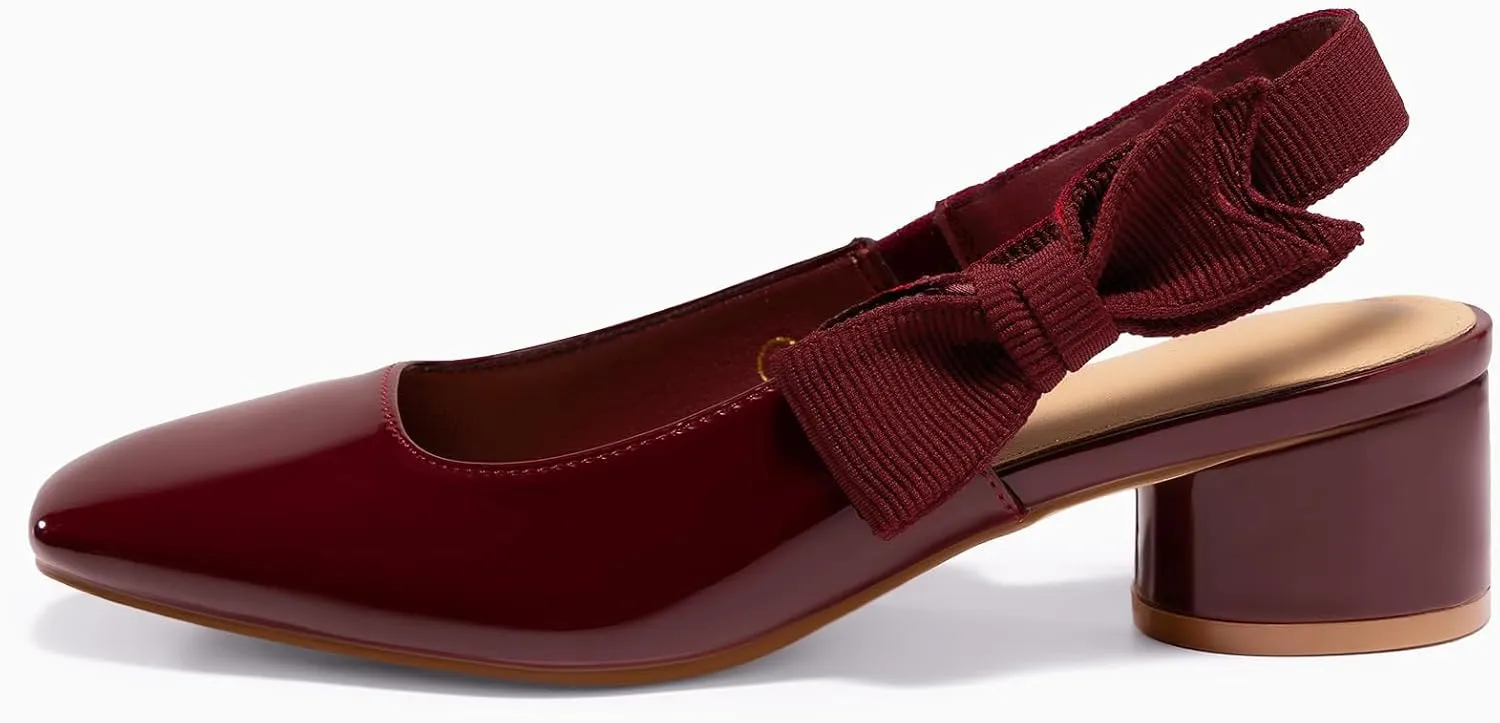 Coutgo Women's Low Block Heels Slingback Bow Closed Square Toe Slip On Work Pumps Dress Shoes