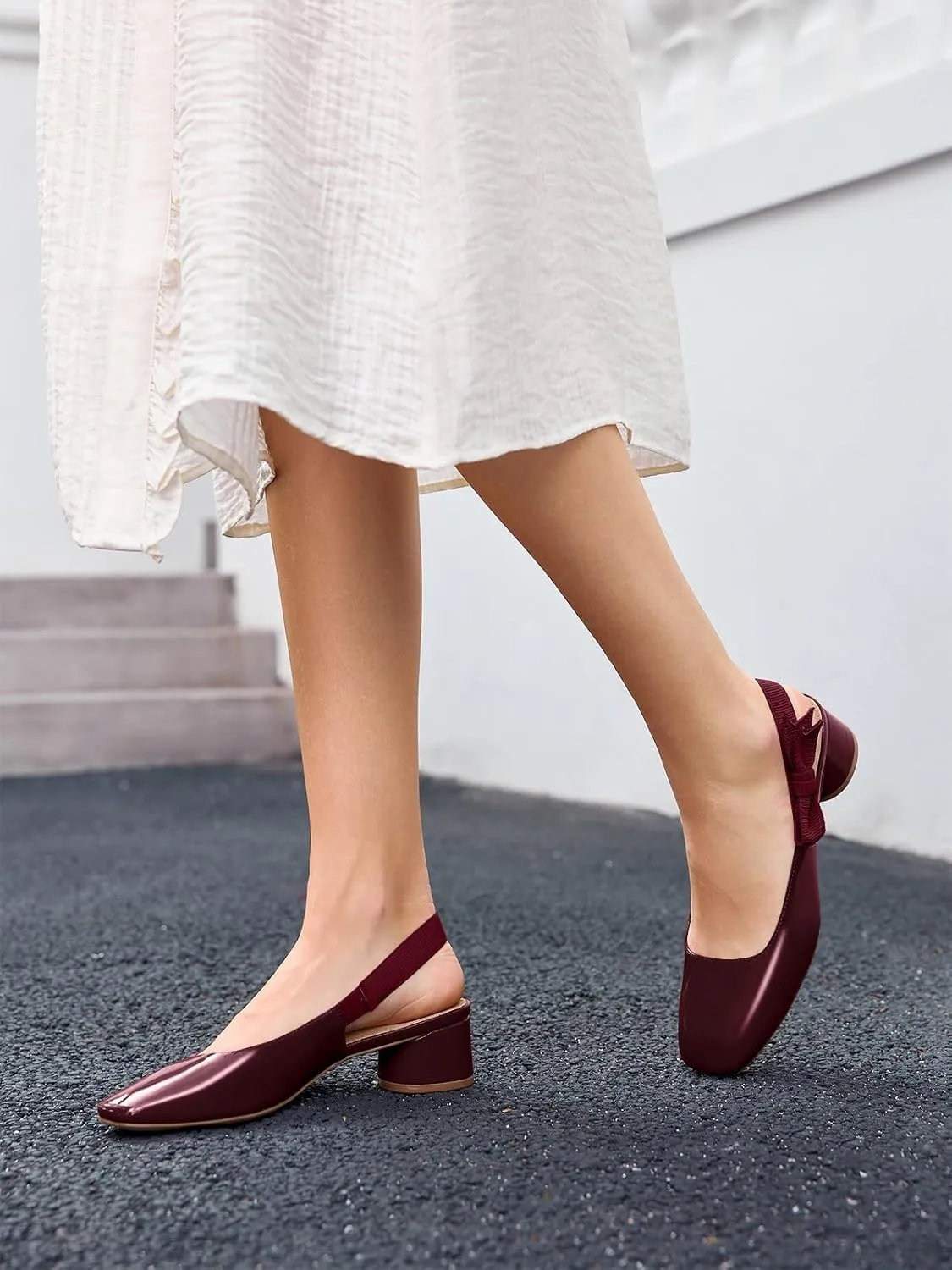 Coutgo Women's Low Block Heels Slingback Bow Closed Square Toe Slip On Work Pumps Dress Shoes