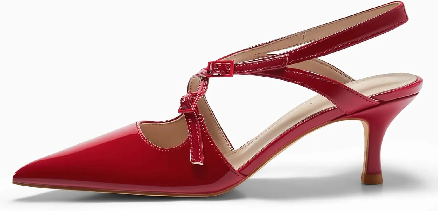 Coutgo Womens Slingback Kitten Heels Pointed Toe Criss Cross Pumps Buckle Office Dress Shoes