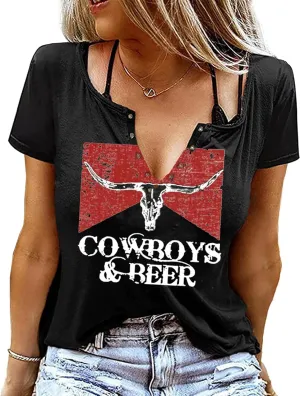 Cowboys & Beer Shirt for Women Country Music Tshirt Vintage Western Steer Skull Graphic Tees Cowboy Rodeo Blouse Top