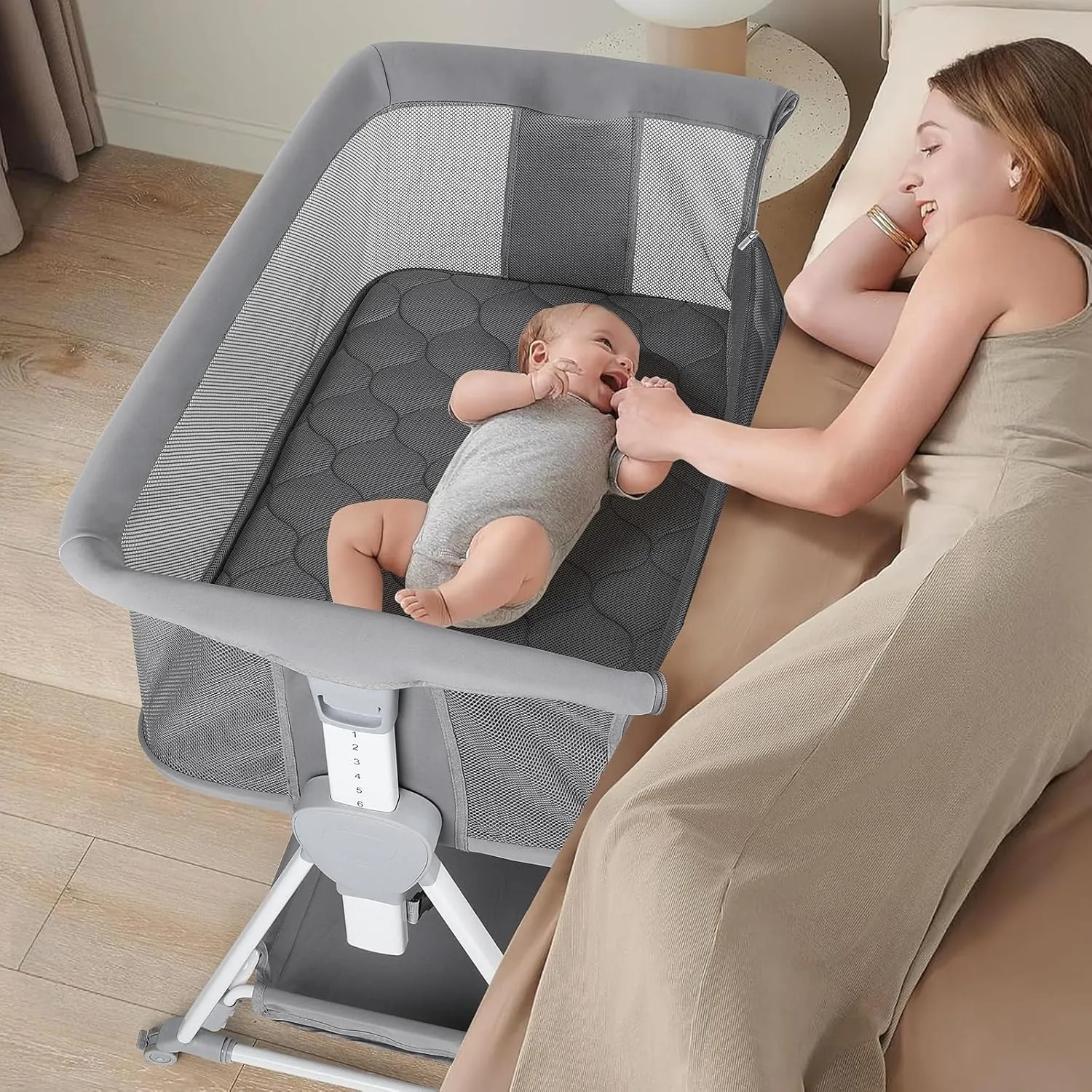 Cowiewie Bassinet Bedside Sleeper,Baby Bassinet with Air-Fiber Comfy Mattress & 7-Adjustable Height,Foldable Bedside Bassinets for Baby with 360°Breathable Mesh,Portable Crib with Wheels & XL-Storage