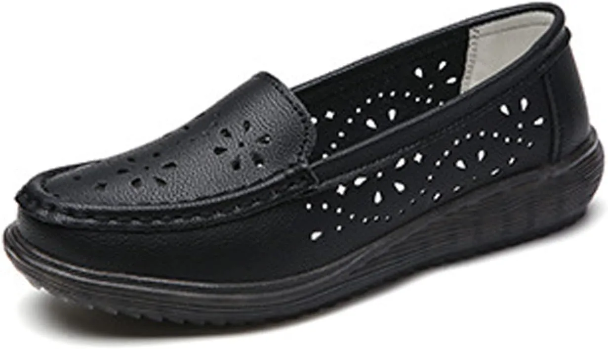 Cubicbee Women's Leather Hollow Round Toe Slip on Loafers Shoes Owlkay Fashion Breathable Soft Bottom Shallow Mouth Flat Driving Walking Shoes Casual Moccasins Boat Shoes
