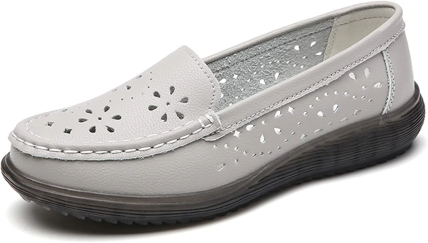 Cubicbee Women's Leather Hollow Round Toe Slip on Loafers Shoes Owlkay Fashion Breathable Soft Bottom Shallow Mouth Flat Driving Walking Shoes Casual Moccasins Boat Shoes