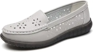 Cubicbee Women's Leather Hollow Round Toe Slip on Loafers Shoes Owlkay Fashion Breathable Soft Bottom Shallow Mouth Flat Driving Walking Shoes Casual Moccasins Boat Shoes