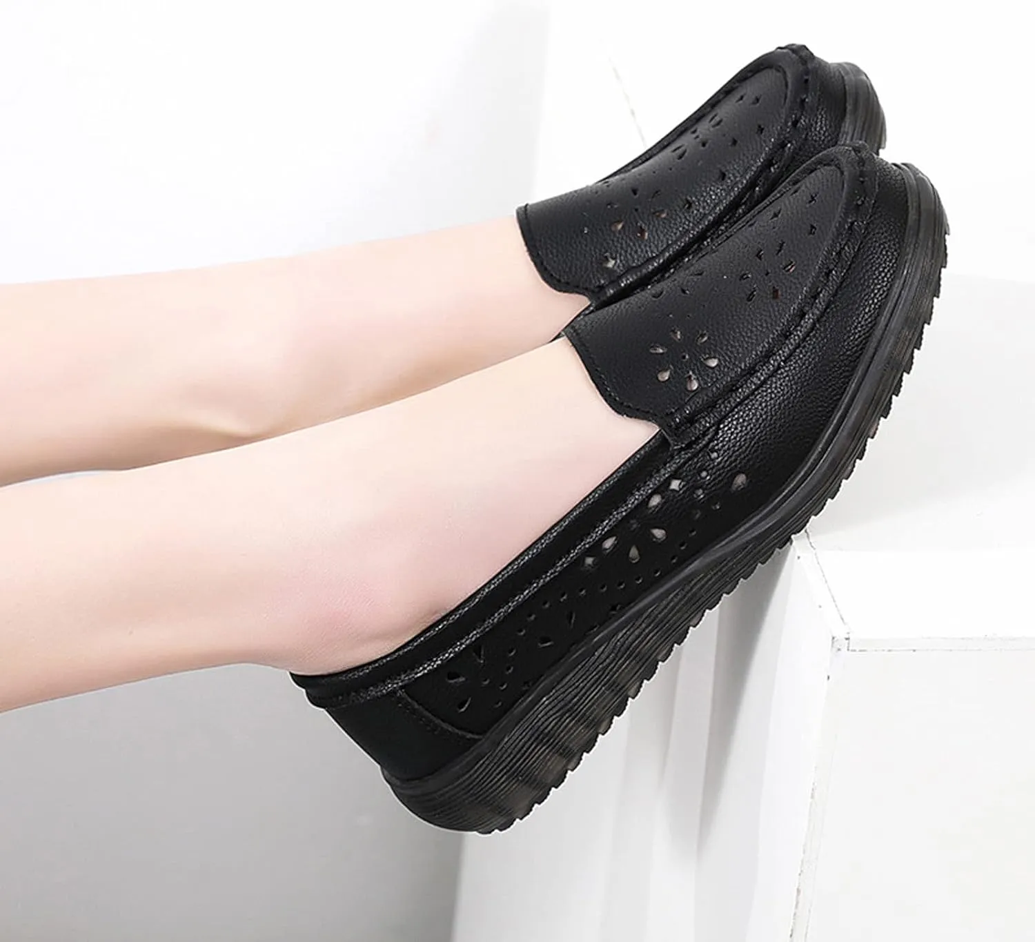 Cubicbee Women's Leather Hollow Round Toe Slip on Loafers Shoes Owlkay Fashion Breathable Soft Bottom Shallow Mouth Flat Driving Walking Shoes Casual Moccasins Boat Shoes