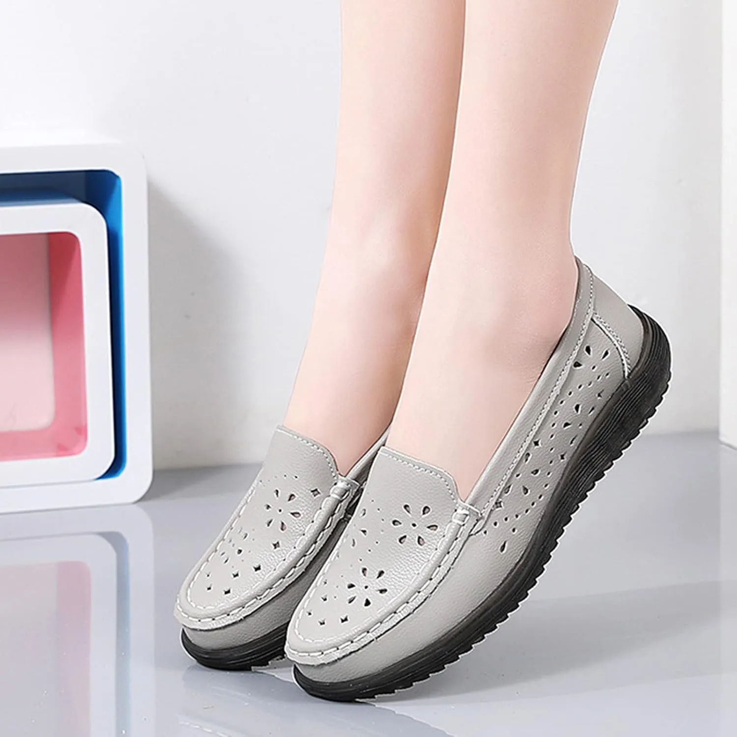 Cubicbee Women's Leather Hollow Round Toe Slip on Loafers Shoes Owlkay Fashion Breathable Soft Bottom Shallow Mouth Flat Driving Walking Shoes Casual Moccasins Boat Shoes