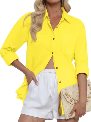 CUNLIN Women's Button Down Shirts Long Sleeve Cotton Summer Beach Wear for Women with Pocket