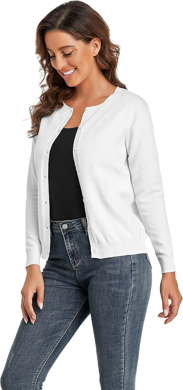CUNYI Women's Crew Neck Cardigan Long Sleeve Sweater for Women Button Down Soft Knit Ladies Cardigan Sweates Coat