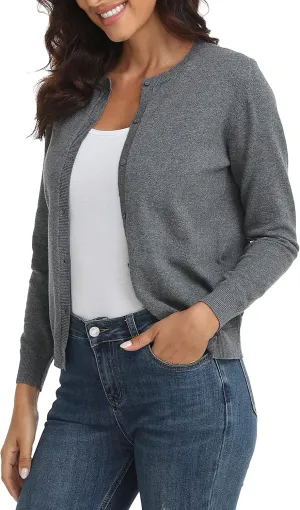 CUNYI Women's Crew Neck Cardigan Long Sleeve Sweater for Women Button Down Soft Knit Ladies Cardigan Sweates Coat