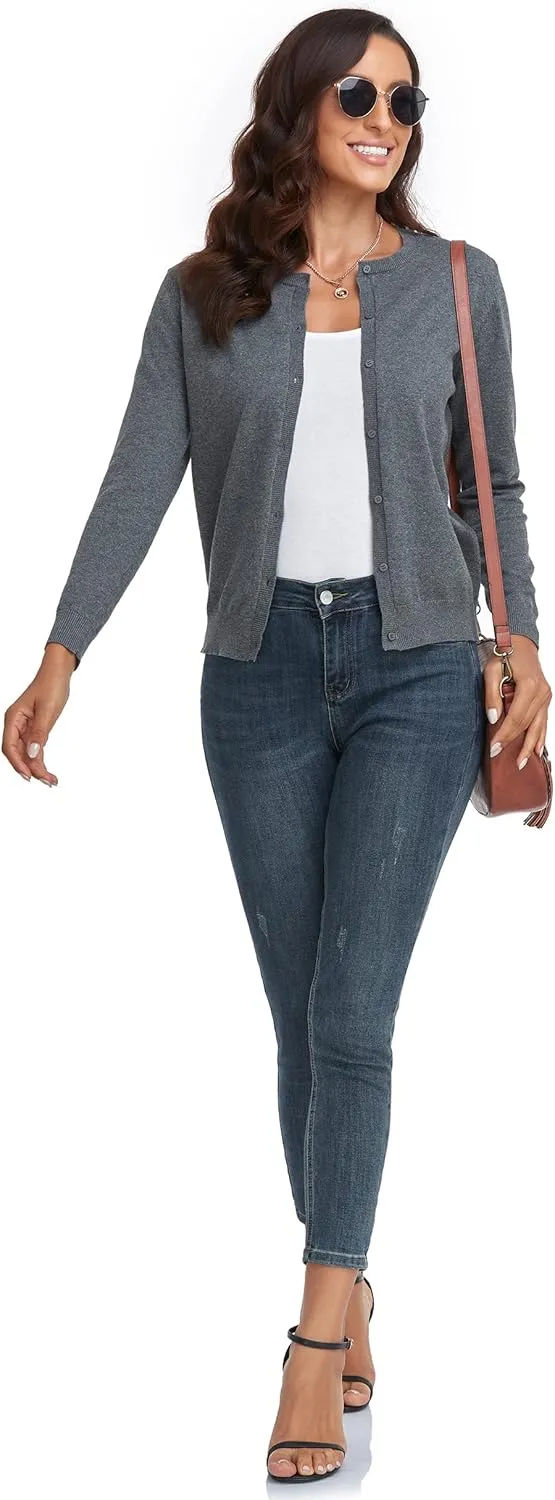 CUNYI Women's Crew Neck Cardigan Long Sleeve Sweater for Women Button Down Soft Knit Ladies Cardigan Sweates Coat