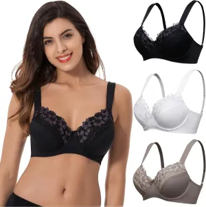 Curve Muse Plus Size Minimizer Underwire Unlined Bras with Embroidery Lace-2 or 3Pack
