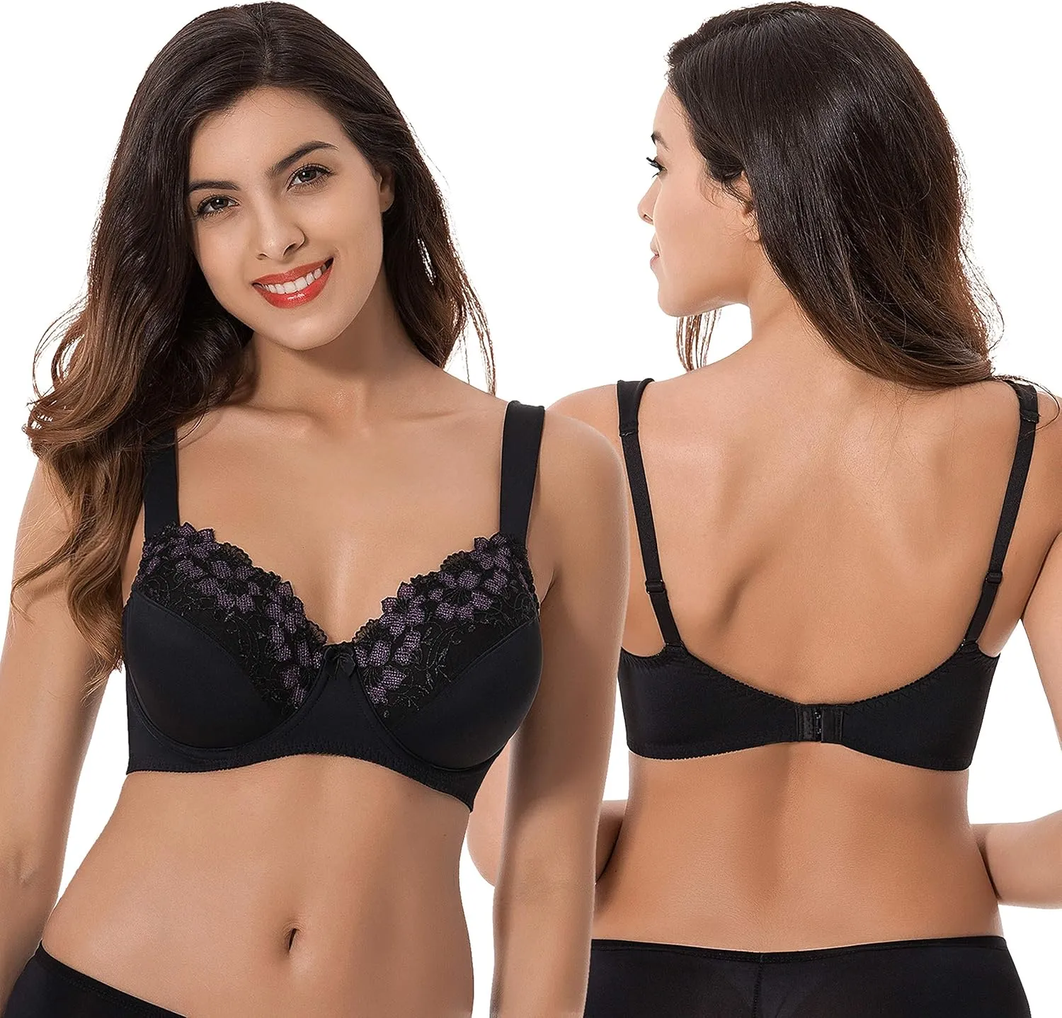 Curve Muse Plus Size Minimizer Underwire Unlined Bras with Embroidery Lace-2 or 3Pack