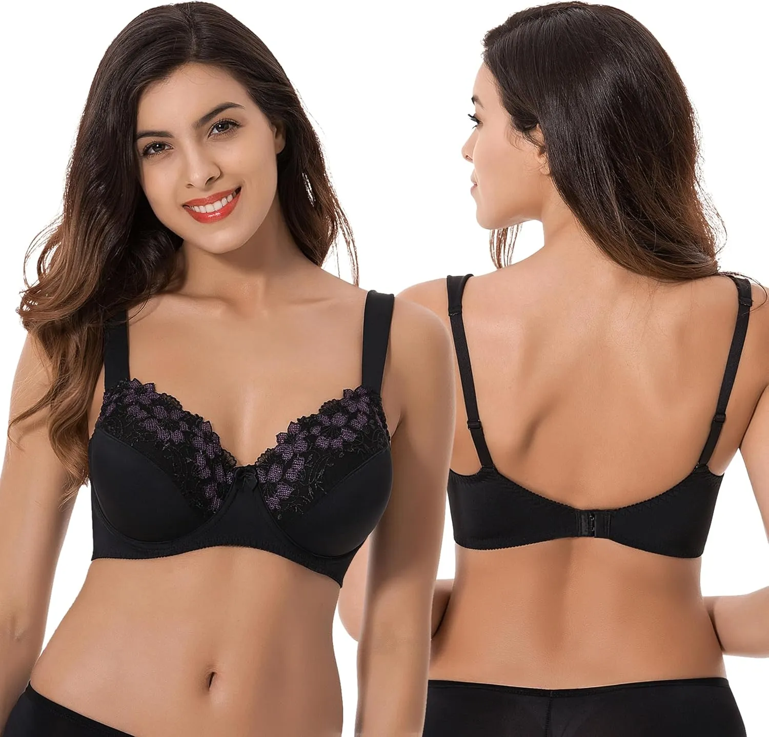 Curve Muse Plus Size Minimizer Underwire Unlined Bras with Embroidery Lace-2 or 3Pack