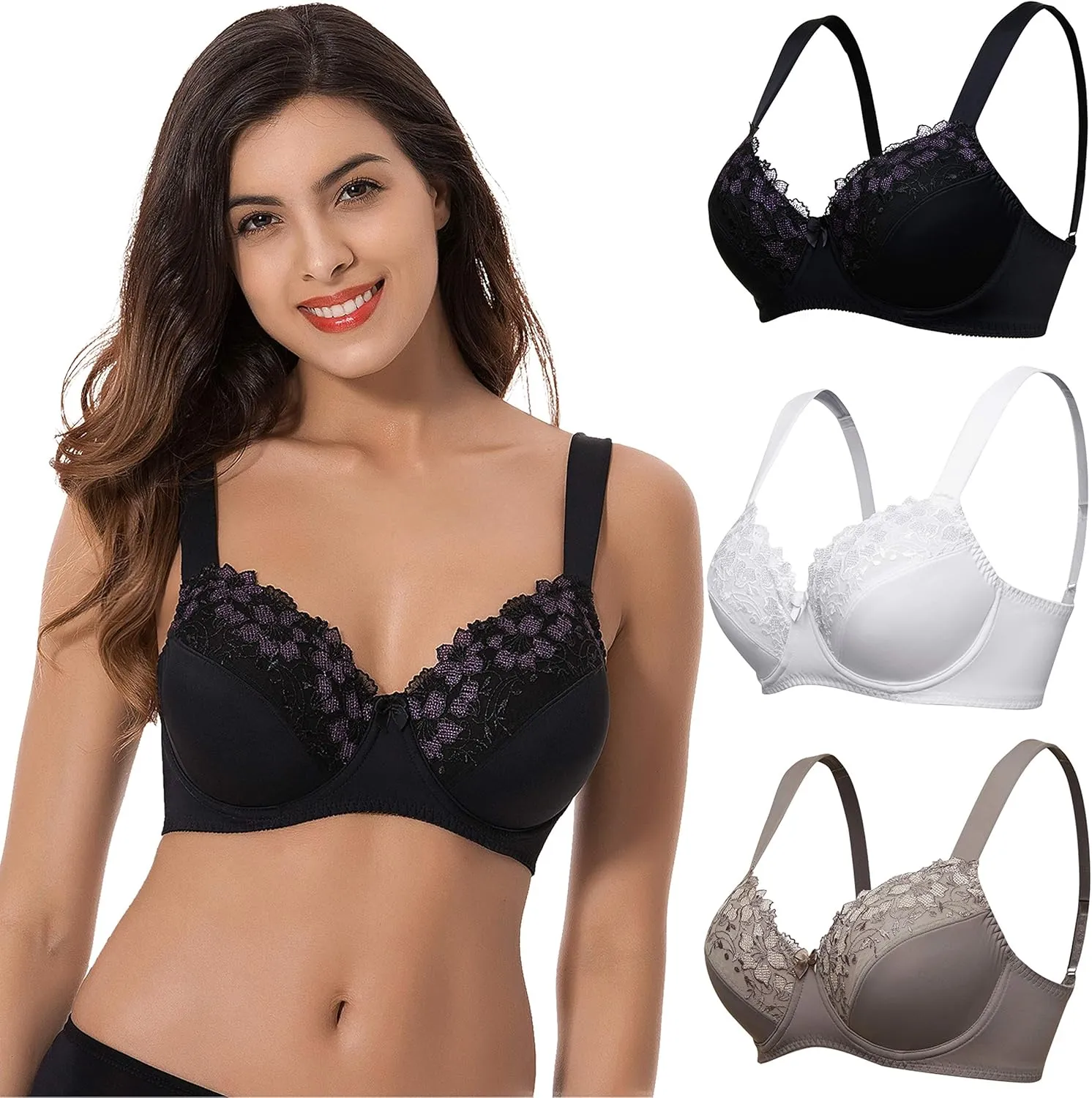 Curve Muse Plus Size Minimizer Underwire Unlined Bras with Embroidery Lace-2 or 3Pack