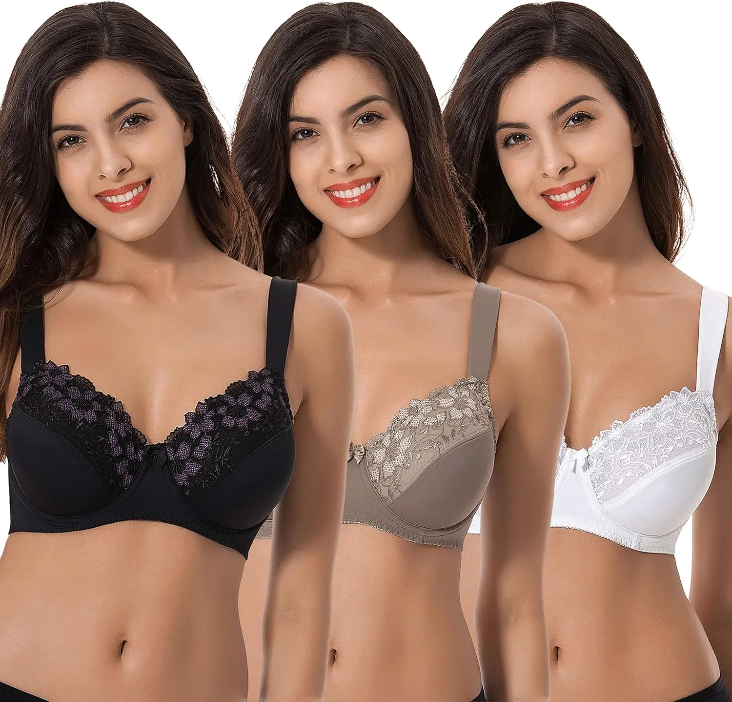 Curve Muse Plus Size Minimizer Underwire Unlined Bras with Embroidery Lace-2 or 3Pack