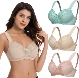 Curve Muse Plus Size Minimizer Unlined Wireless Bra with Lace Embroidery-3Pack