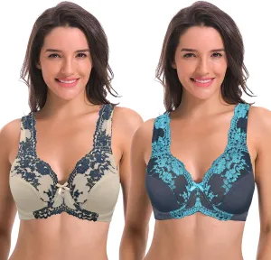 Curve Muse Women's Minimizer Unlined Underwire Bra with Lace Embroidery-2 Pack