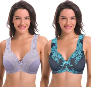 Curve Muse Women's Minimizer Unlined Underwire Bra with Lace Embroidery-2 Pack