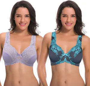 Curve Muse Women's Minimizer Unlined Underwire Bra with Lace Embroidery-2 Pack