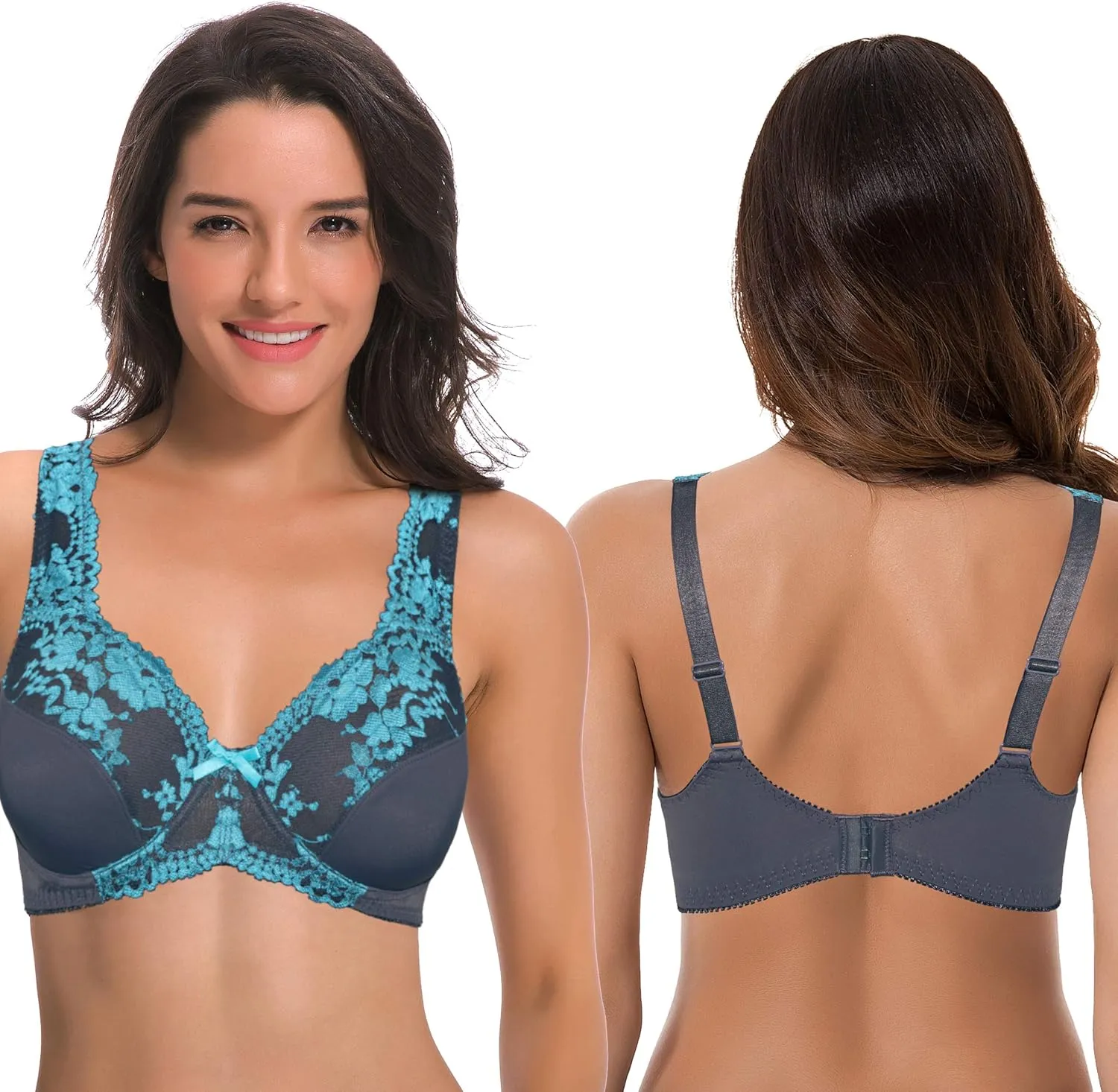 Curve Muse Women's Minimizer Unlined Underwire Bra with Lace Embroidery-2 Pack