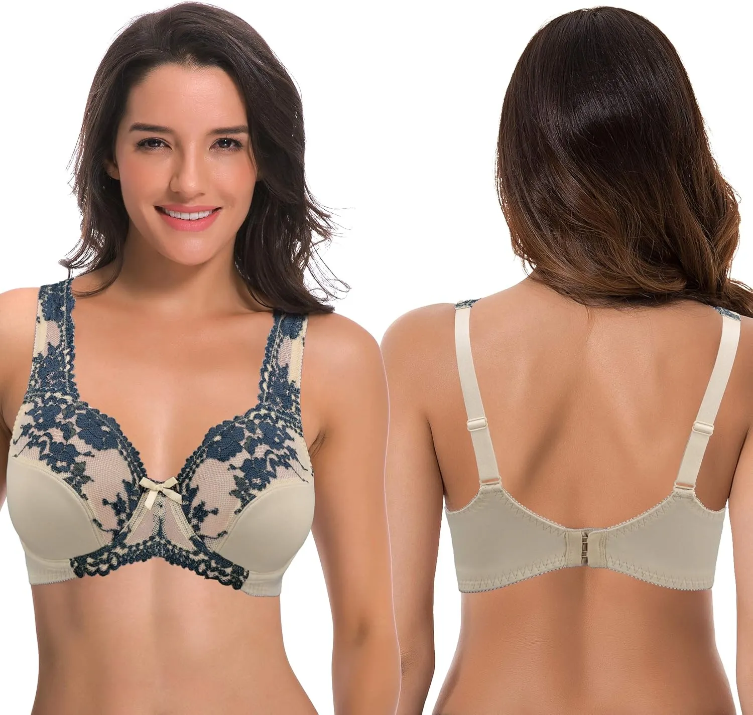Curve Muse Women's Minimizer Unlined Underwire Bra with Lace Embroidery-2 Pack