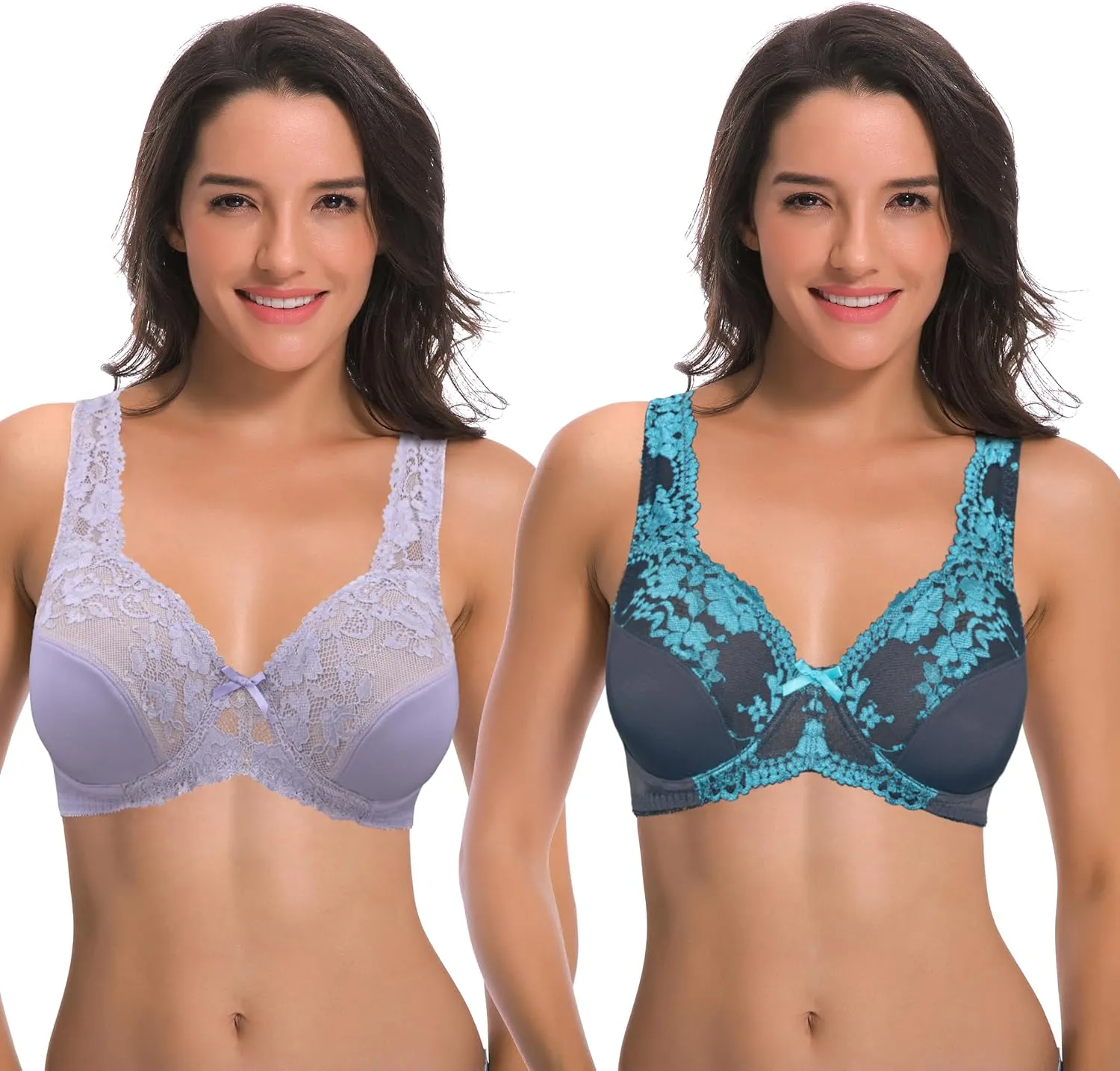 Curve Muse Women's Minimizer Unlined Underwire Bra with Lace Embroidery-2 Pack