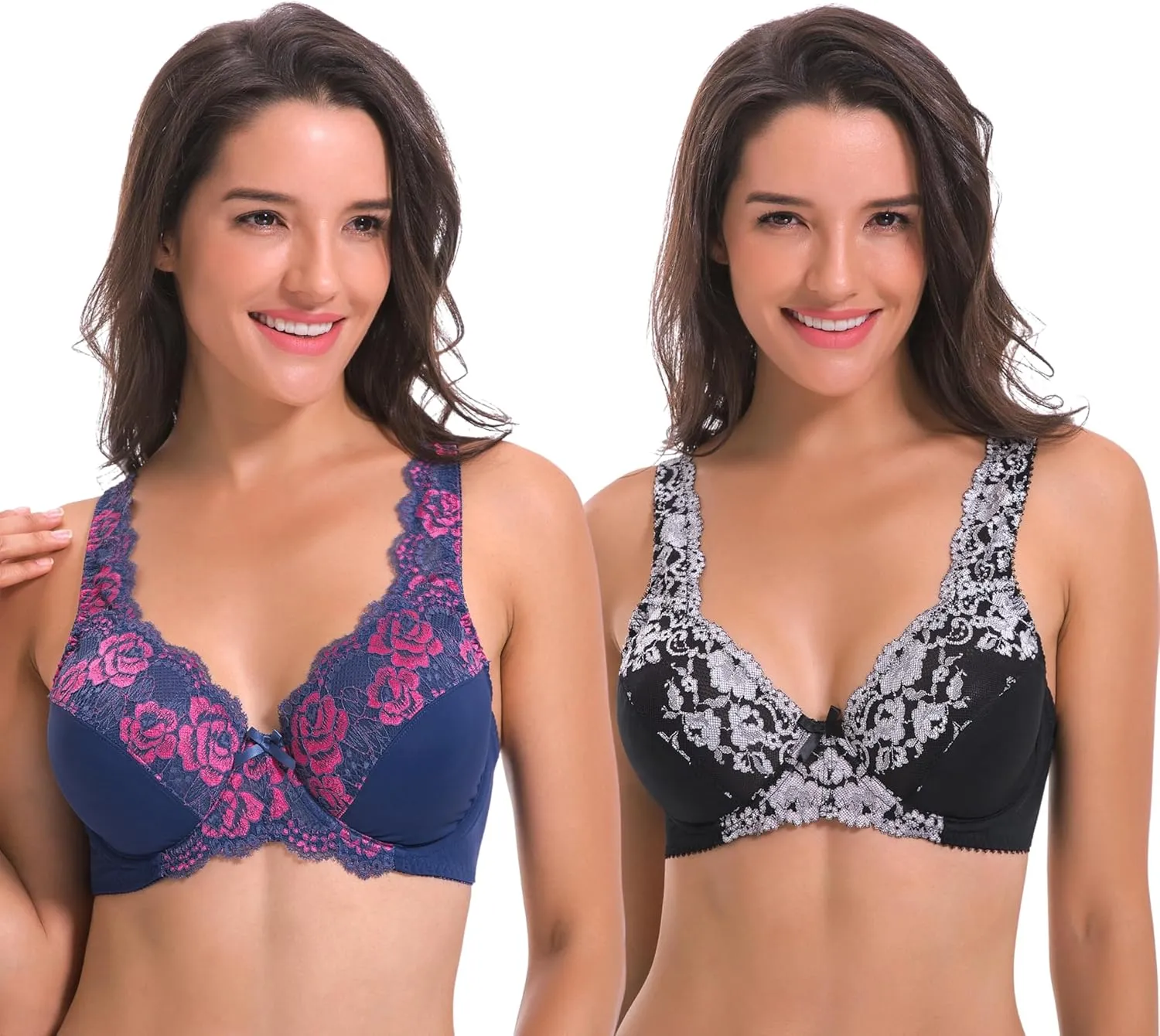 Curve Muse Women's Minimizer Unlined Underwire Bra with Lace Embroidery-2 Pack