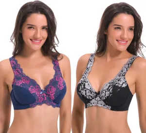 Curve Muse Women's Minimizer Unlined Underwire Bra with Lace Embroidery-2 Pack
