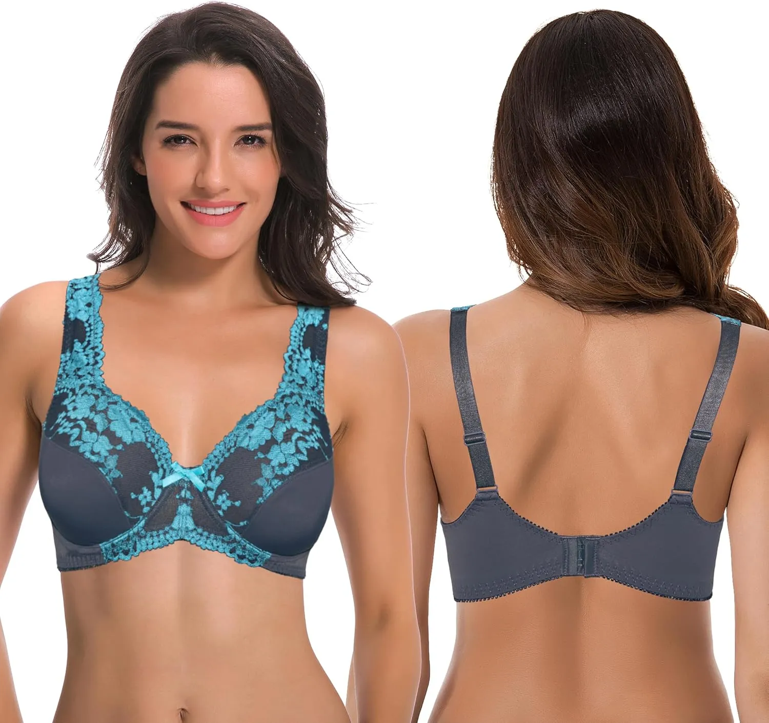 Curve Muse Women's Minimizer Unlined Underwire Bra with Lace Embroidery-2 Pack