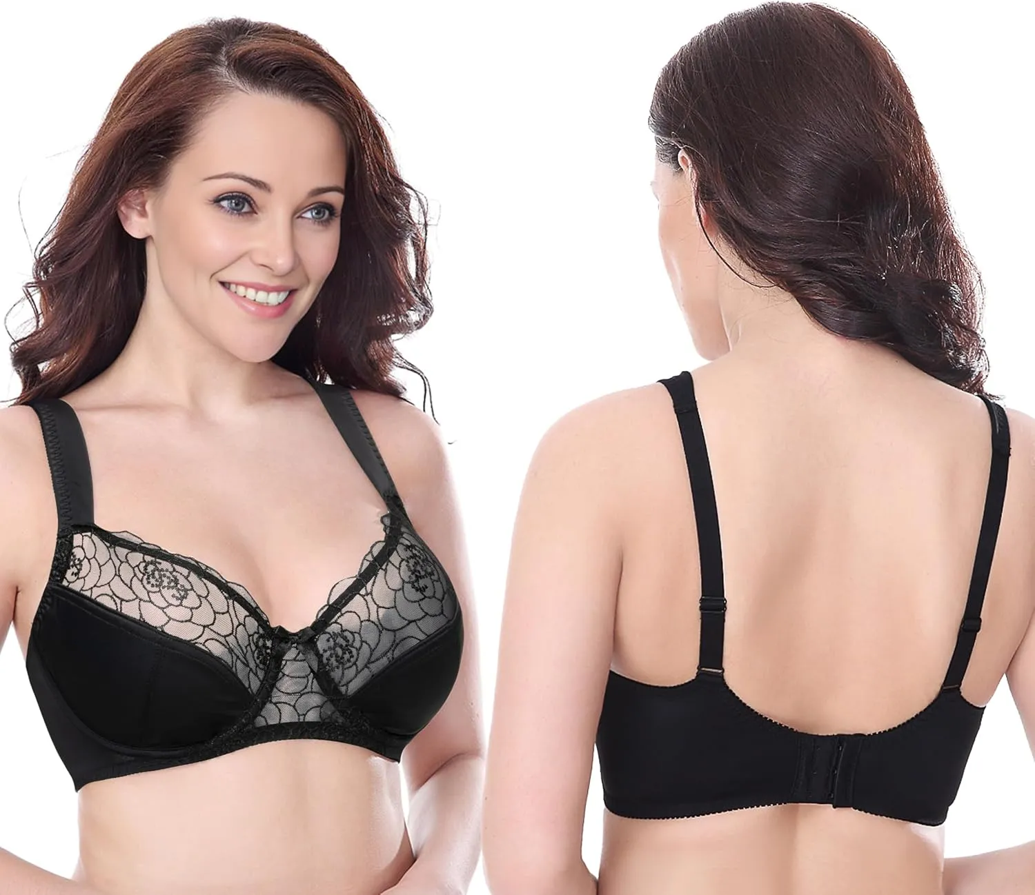 Curve Muse Women's Plus Size Minimizer Underwire Bra with Lace Embroidery-2or3PK