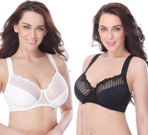 Curve Muse Women's Plus Size Minimizer Underwire Bra with Lace Embroidery-2or3PK