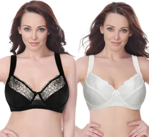 Curve Muse Women's Plus Size Minimizer Underwire Bra with Lace Embroidery-2or3PK