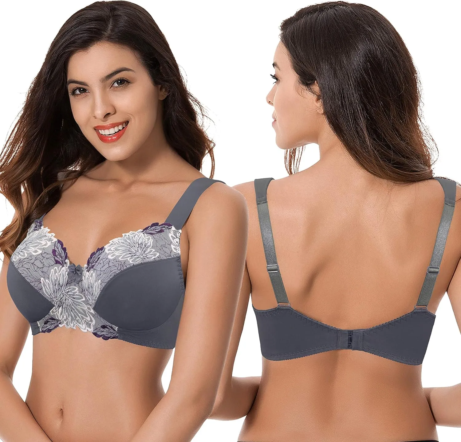 Curve Muse Women's Plus Size Minimizer Wireless Unlined Bra with Embroidery Lace