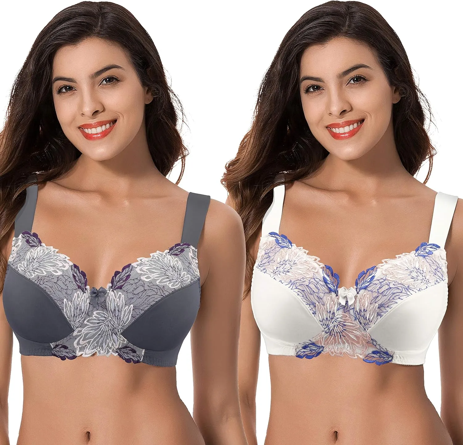 Curve Muse Women's Plus Size Minimizer Wireless Unlined Bra with Embroidery Lace