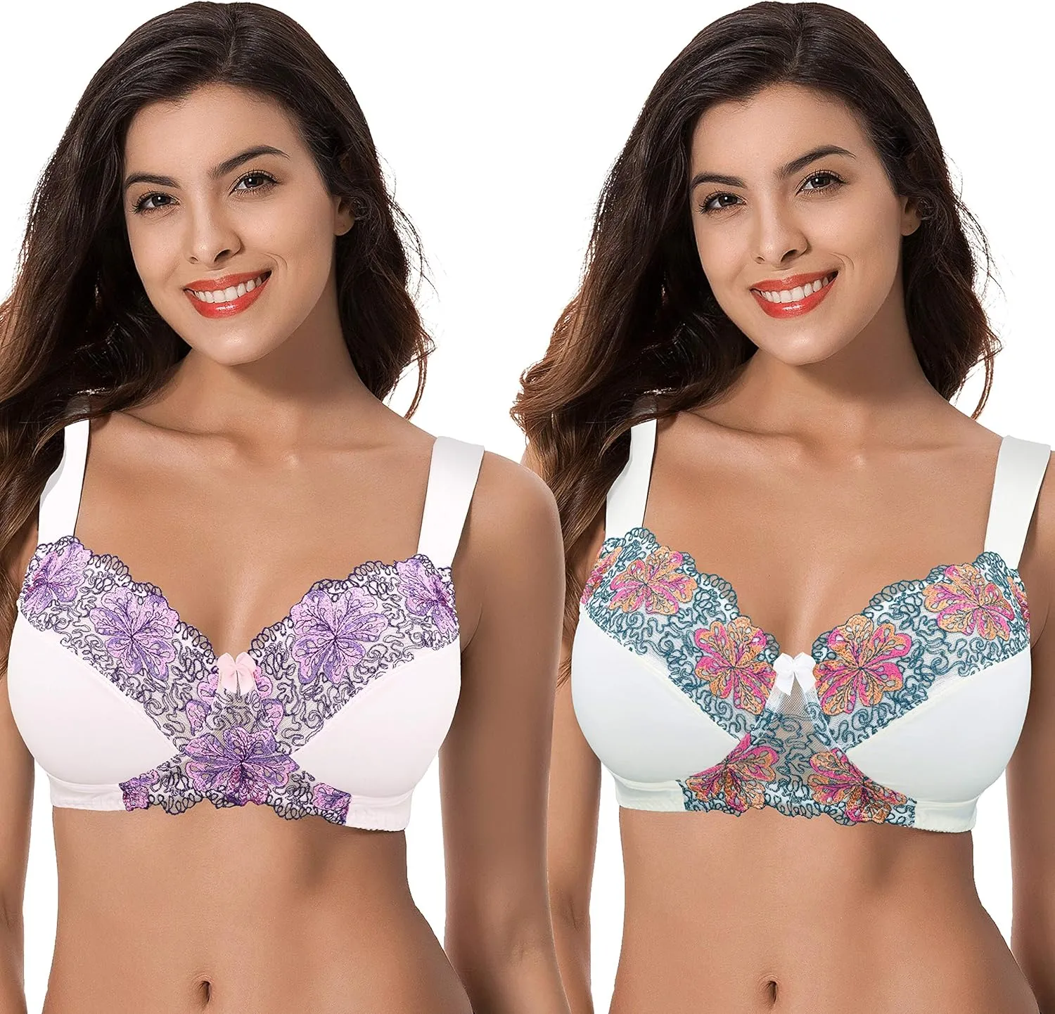 Curve Muse Women's Plus Size Minimizer Wireless Unlined Bra with Embroidery Lace