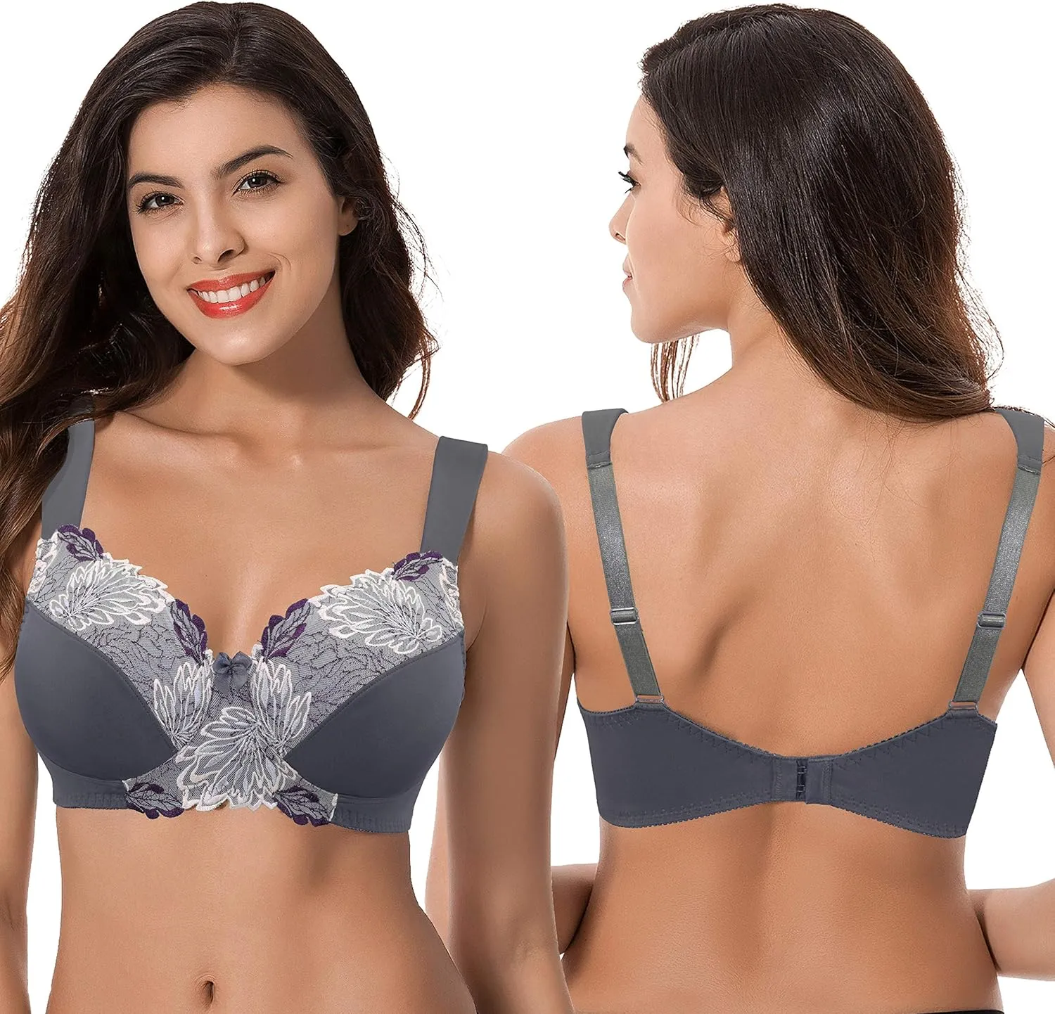 Curve Muse Women's Plus Size Minimizer Wireless Unlined Bra with Embroidery Lace