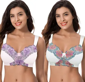Curve Muse Women's Plus Size Minimizer Wireless Unlined Bra with Embroidery Lace