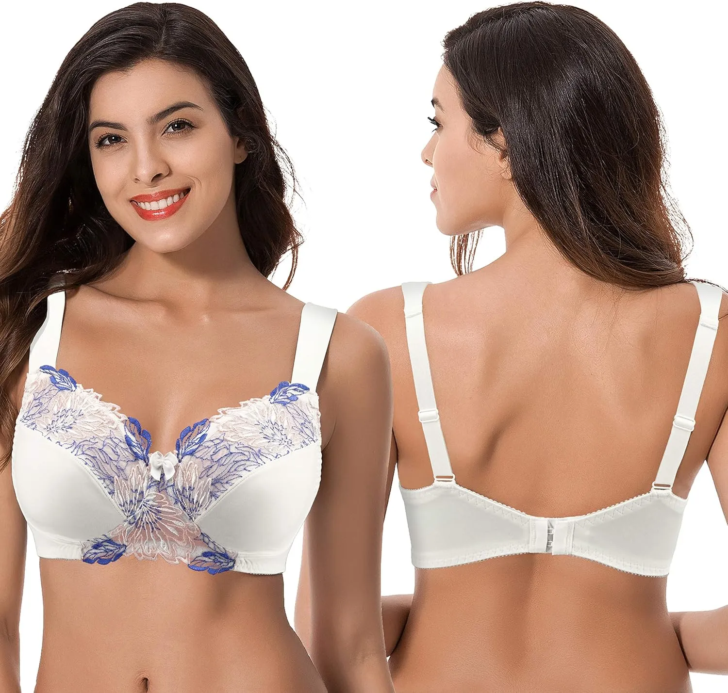 Curve Muse Women's Plus Size Minimizer Wireless Unlined Bra with Embroidery Lace