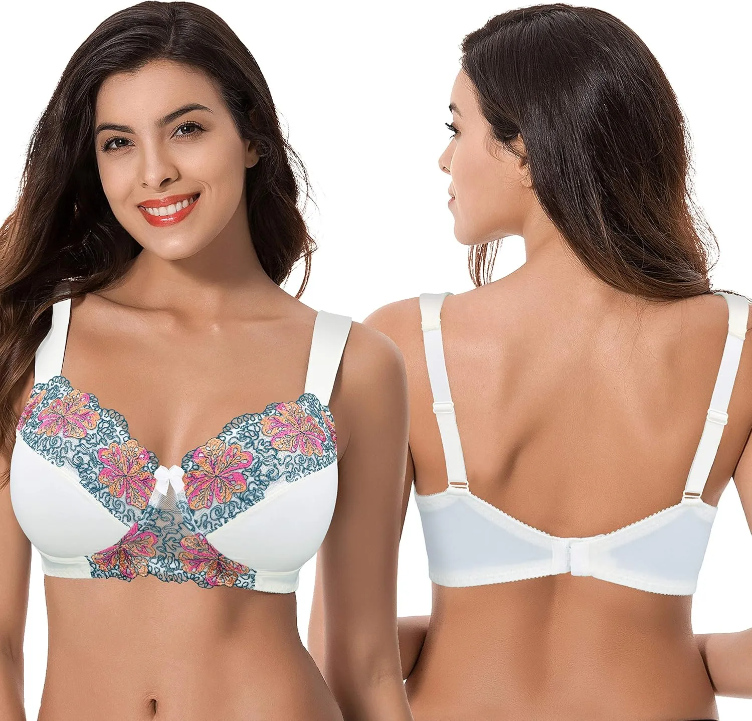 Curve Muse Women's Plus Size Minimizer Wireless Unlined Bra with Embroidery Lace