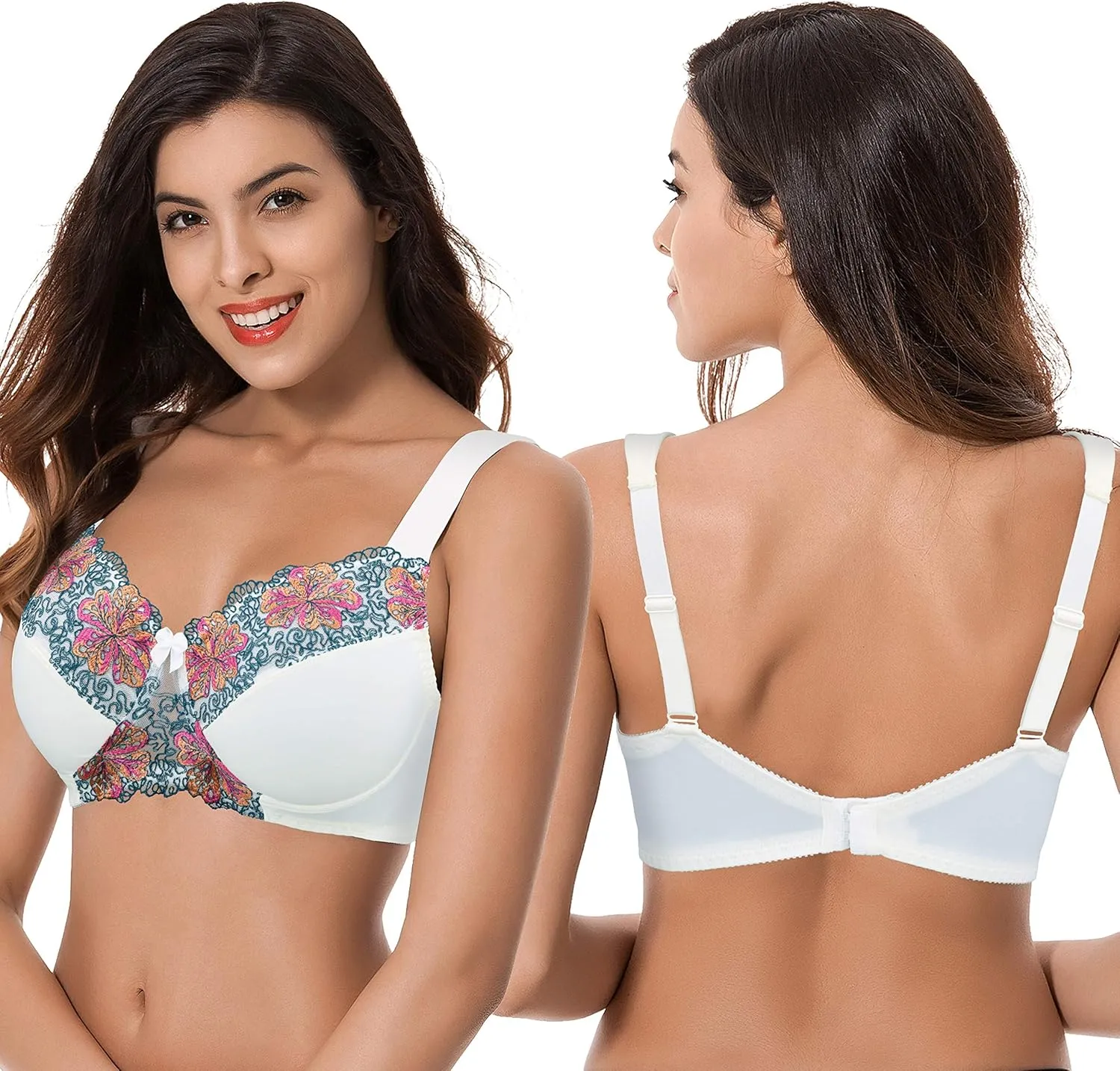 Curve Muse Women's Plus Size Minimizer Wireless Unlined Bra with Embroidery Lace