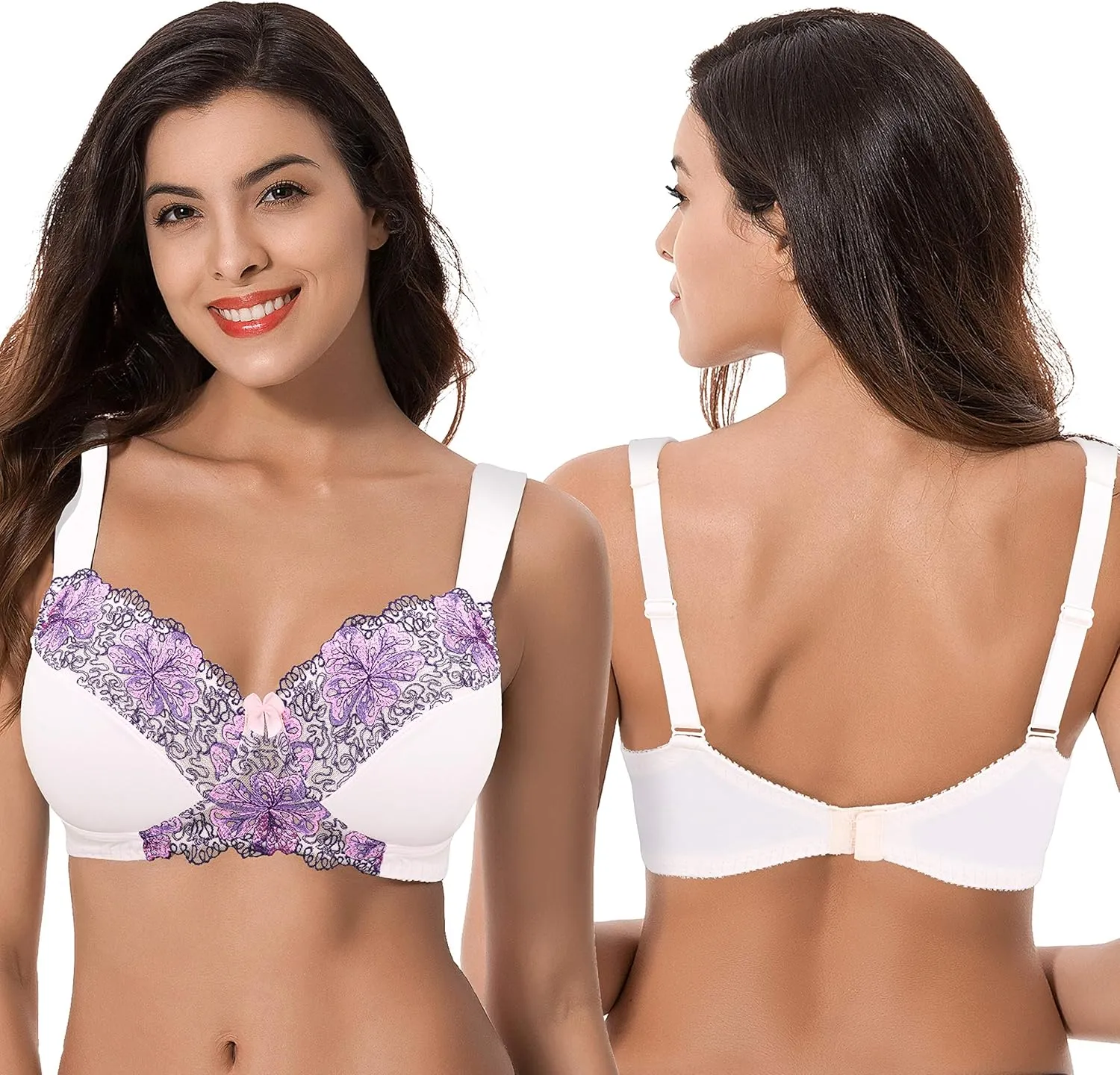 Curve Muse Women's Plus Size Minimizer Wireless Unlined Bra with Embroidery Lace