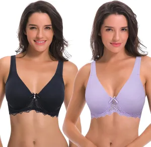 Curve Muse Women's Plus Size Unlined Underwire Lace Bra with Cushion Straps-2PK